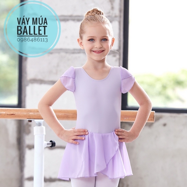 Váy tập múa tay búp voan chéo tím