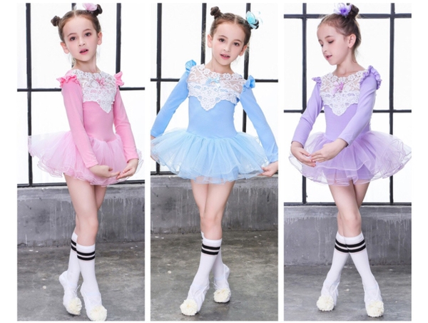 Váy múa ren ngực tiên dài tay màu hồng, xanh, tím