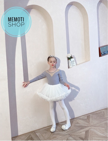 Set áo váy múa V lưng tutu dài tay (đen, ghi)