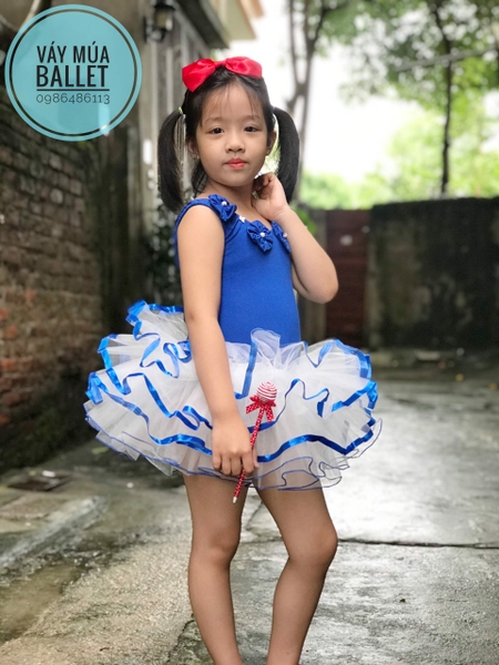 Váy múa hoa cổ xanh coban