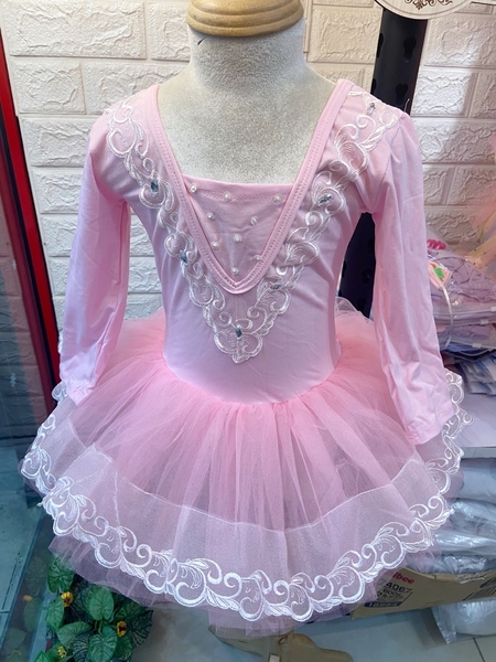 Váy múa ren V ngực viền ren dài hồng