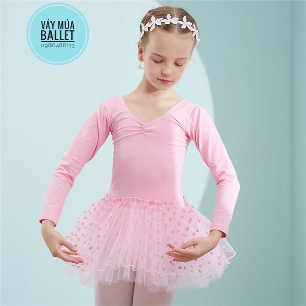 Váy múa basic chân váy chấm bi dài tay (đen, hồng, tím)