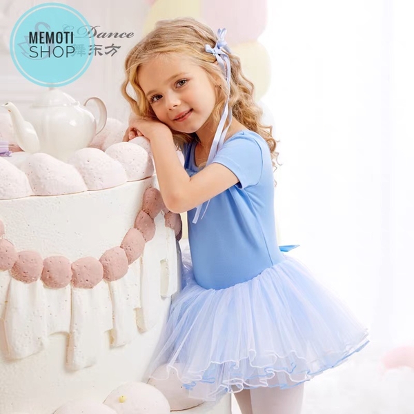 Váy múa đan lưng nơ tay ngắn (tím, xanh)