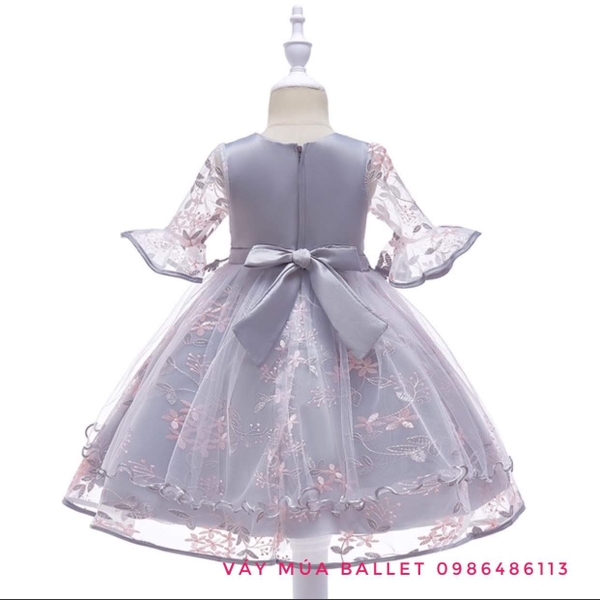 Váy công chúa ren 3D tay loe lỡ màu hồng, ghi