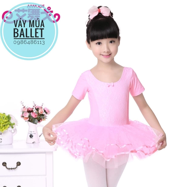 Váy múa phối ren tay ngắn hồng