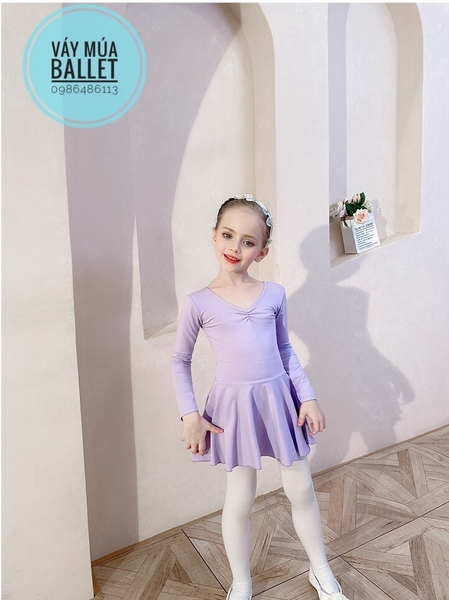 Váy tập múa cotton nơ lưng dài tay hồng