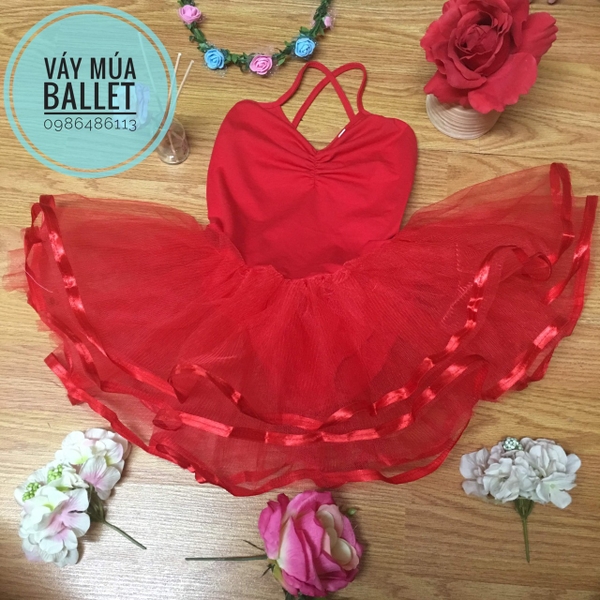 Váy múa 2 dây 3 tầng màu đỏ
