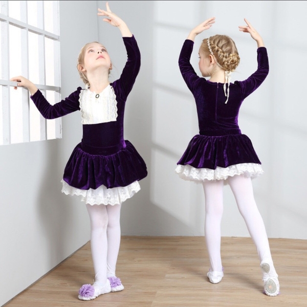Set áo váy múa nhung cổ điển dài tay (tím, hồng)
