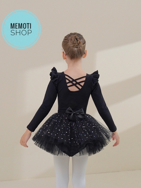 Set áo váy múa tiên đan sao dài tay đen