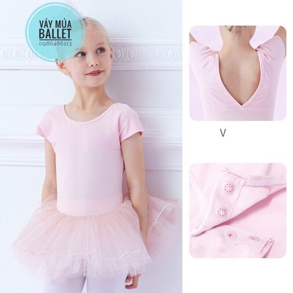 Váy múa lưng V chân bi tay ngắn (hồng, tím, xanh)