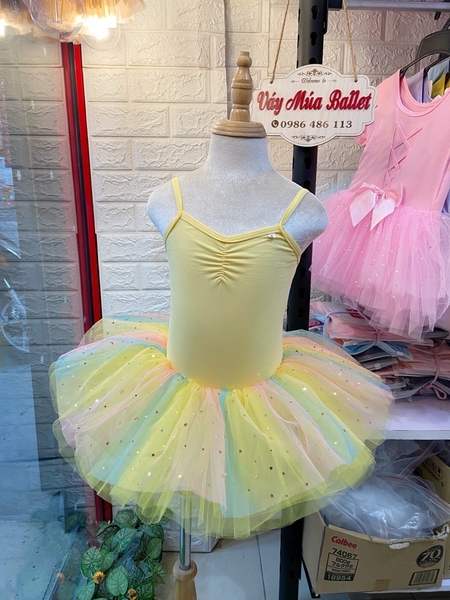 Váy múa 2 dây nơ lưng cầu vồng (vàng, hồng)