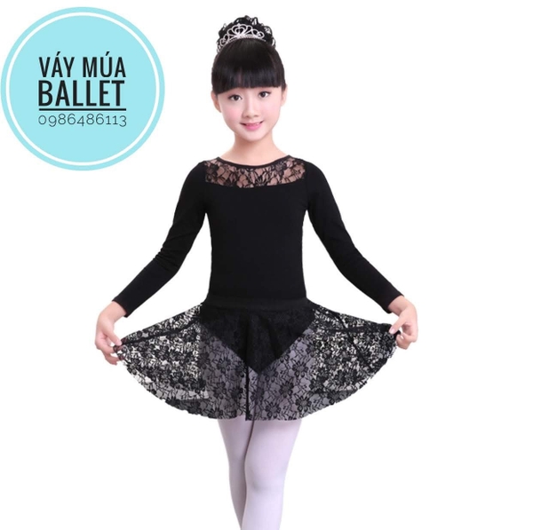 Set áo váy múa phối ren dài tay màu đen