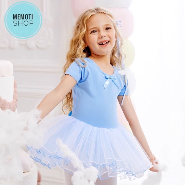 Váy múa đan lưng nơ tay ngắn (tím, xanh)