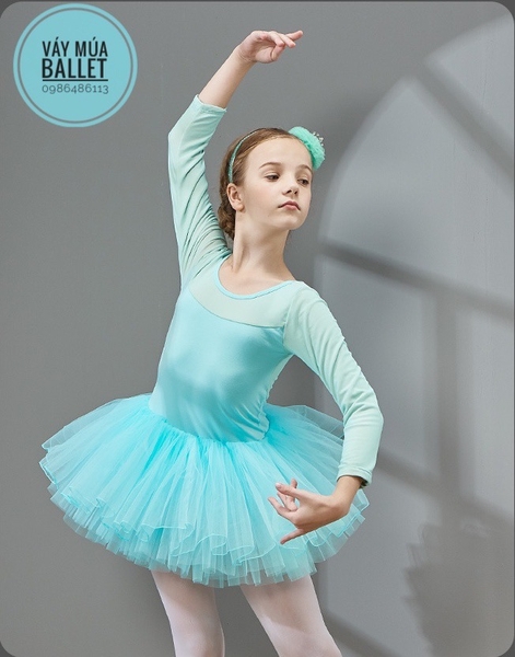 Váy múa phối voan dài tay (hồng, xanh, tím)