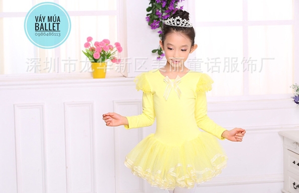 Váy múa tiên viền dài tay màu hồng, trắng, vàng
