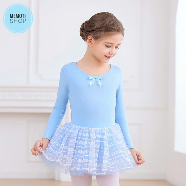 Váy múa chân ren đan lưng dài tay (tím, xanh, hồng)