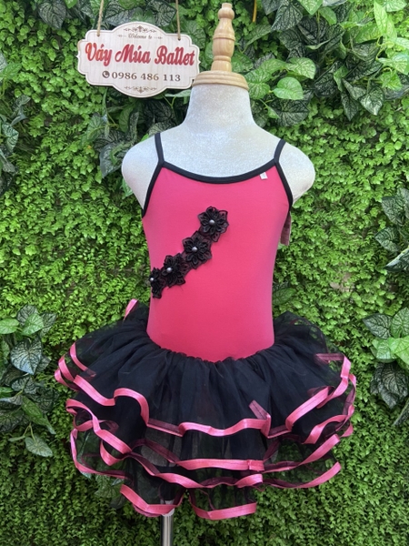 Váy múa 2 dây hồng phối đen hoa ren