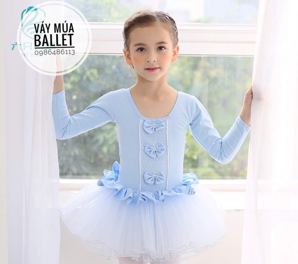 Váy múa 3 nơ dài tay màu xanh