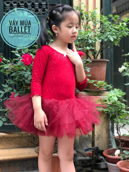 Váy múa cổ tròn tay lỡ đỏ đô