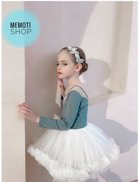 Set áo váy múa V lưng tutu dài tay (đen, ghi)