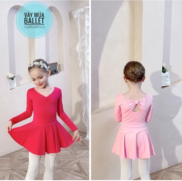 Váy tập múa cotton nơ lưng dài tay hồng