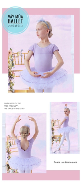 Váy múa lưng V chân bi tay ngắn (hồng, tím, xanh)