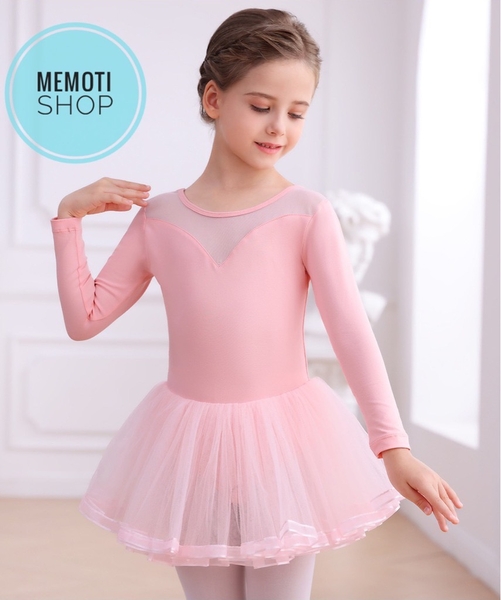 Váy múa V lưng viền dài tay (hồng, tím, xanh)