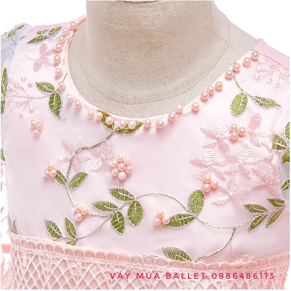 Váy công chúa ren 3D tay loe lỡ màu hồng, ghi
