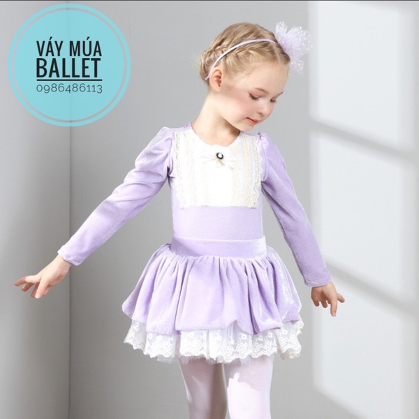 Set áo váy múa nhung cổ điển dài tay (tím, hồng)