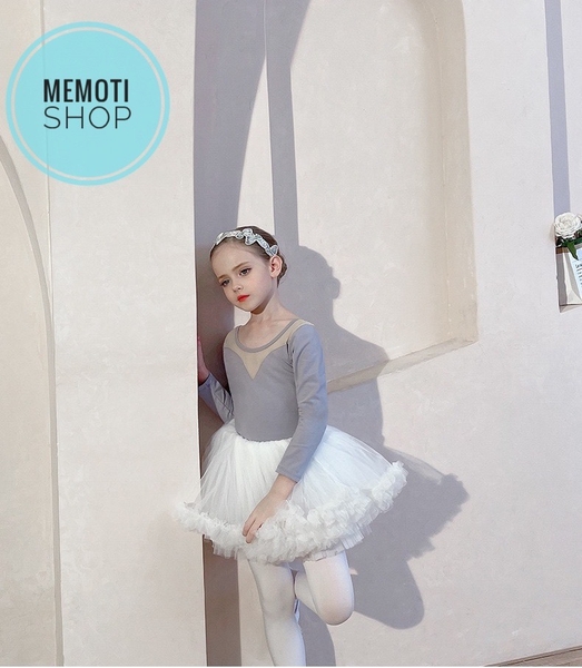 Set áo váy múa V lưng tutu dài tay (đen, ghi)