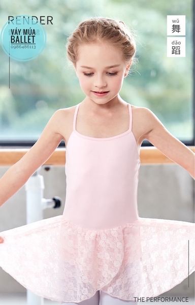 Váy tập múa 2 dây phối ren chéo (hồng, đen)