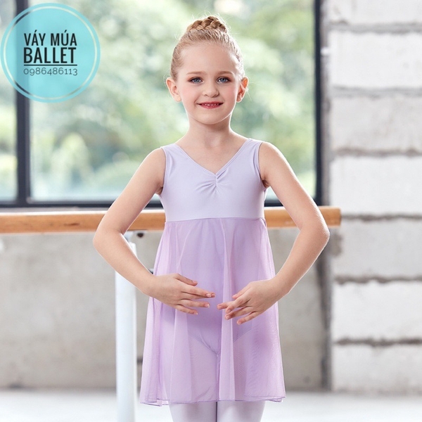 Váy tập múa ba lỗ phối voan dài thân (tím, xanh, hồng, đen)