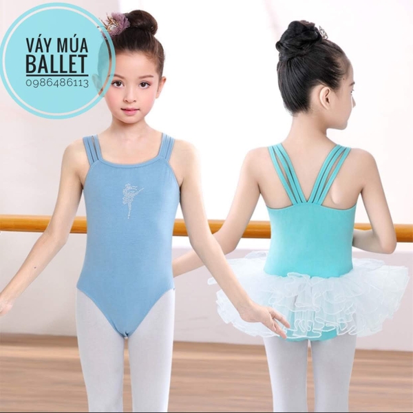 Set áo váy múa 2 dây kép xanh phối trắng