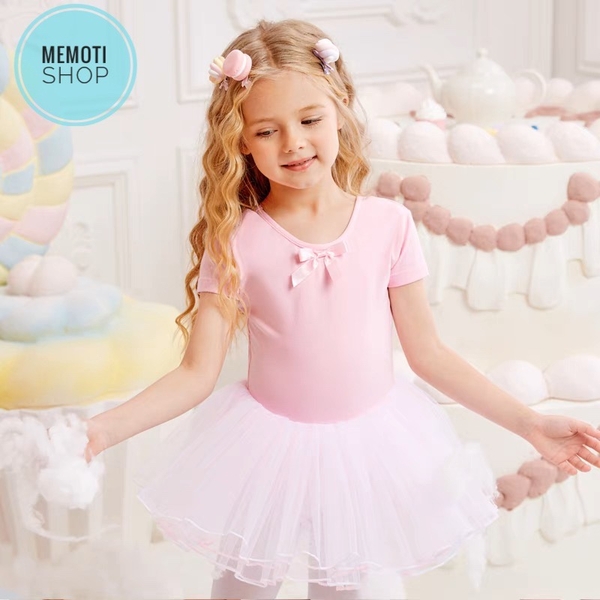 Váy múa đan lưng nơ tay ngắn (tím, xanh)