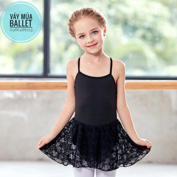 Váy tập múa 2 dây phối ren chéo (hồng, đen)