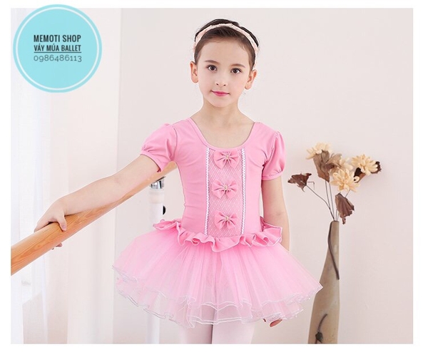 Váy múa ba nơ ngắn tay (tím, hồng)