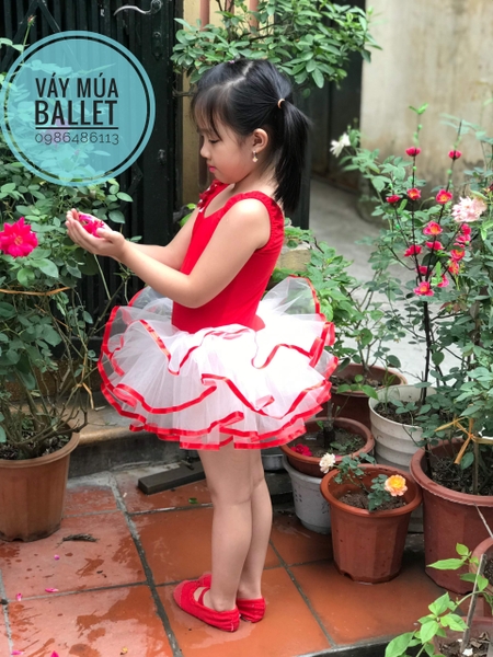 Váy múa ba lỗ 3 hoa cổ đỏ