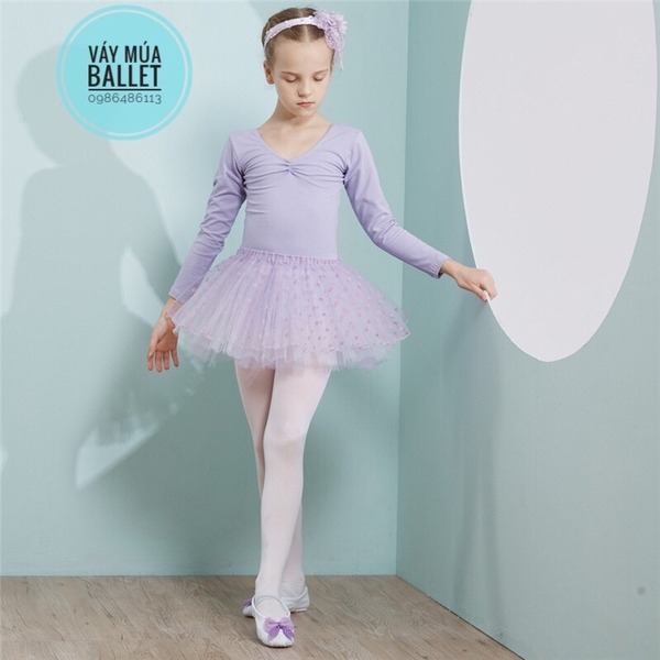 Váy múa basic chân váy chấm bi dài tay (đen, hồng, tím)