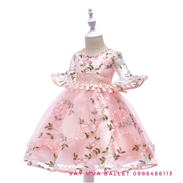 Váy công chúa ren 3D tay loe lỡ màu hồng, ghi