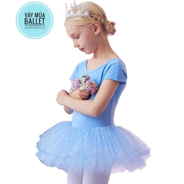 Váy múa lưng V chân bi tay ngắn (hồng, tím, xanh)