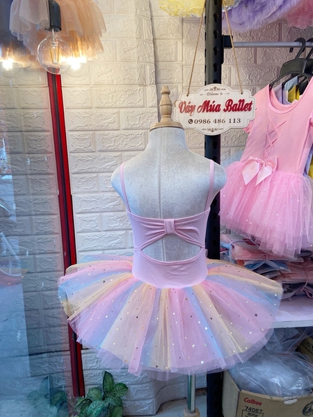 Váy múa 2 dây nơ lưng cầu vồng (vàng, hồng)