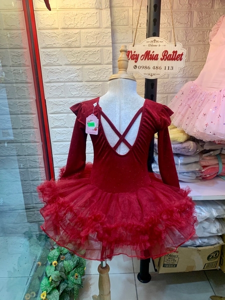 Váy múa thun nhũ tiên tutu đỏ đô dài tay