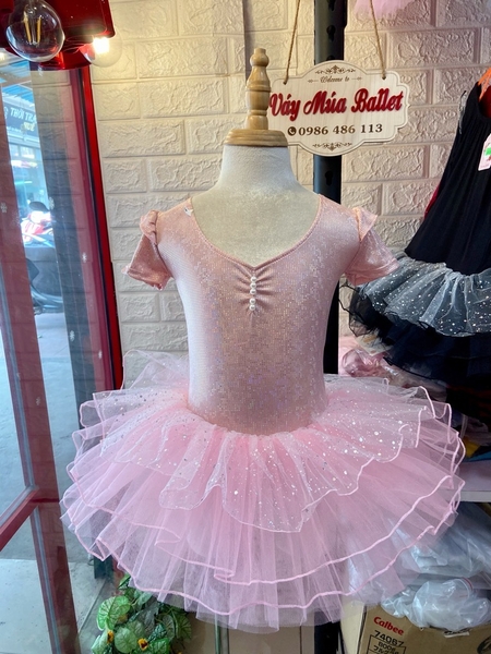 Váy múa tay tiên ngắn thun lấp lánh hồng