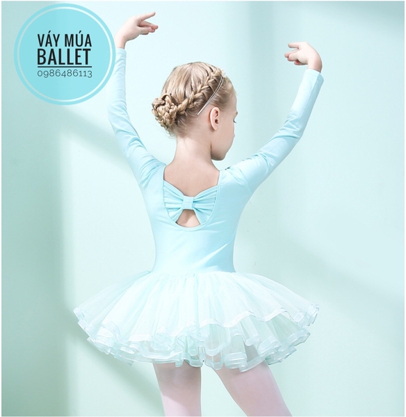 Váy múa nơ lưng viền dài tay (tím, hồng, xanh)