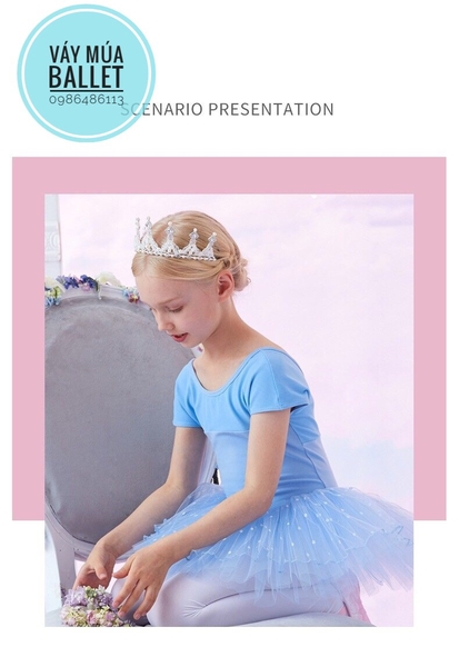 Váy múa lưng V chân bi tay ngắn (hồng, tím, xanh)