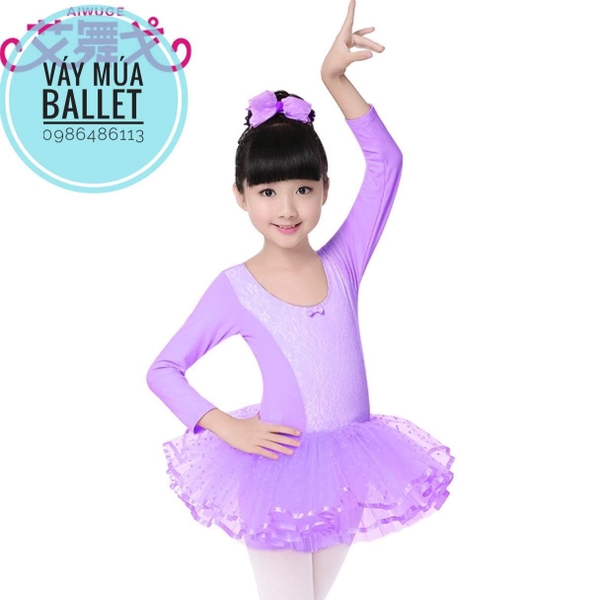 Váy múa phối ren dài tay màu tím, hồng