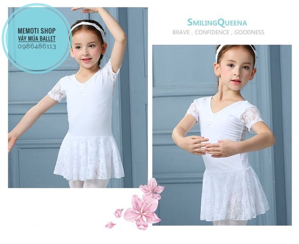 Váy tập múa ren ngắn tay (trắng, hồng)