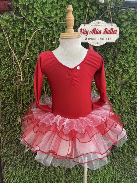 Váy múa đan lưng lấp lánh đỏ đô dài tay