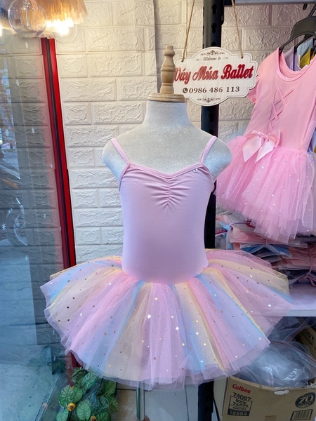 Váy múa 2 dây nơ lưng cầu vồng (vàng, hồng)