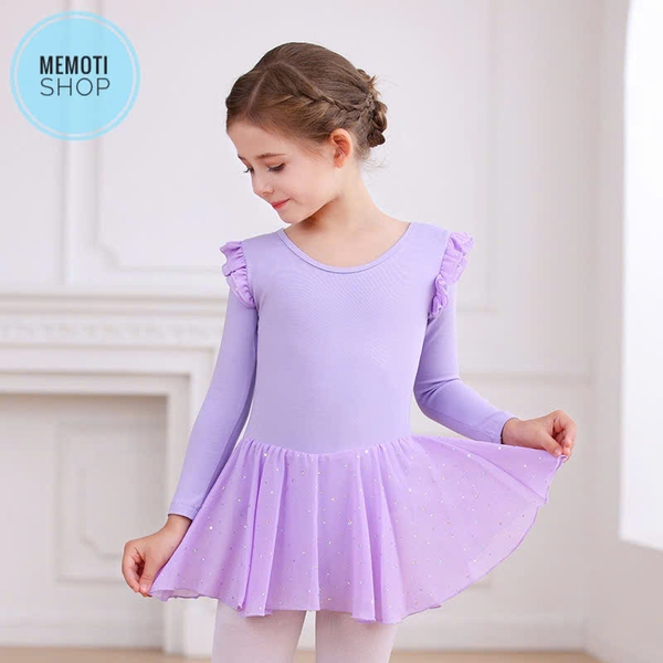 Váy tập múa tiên nơ lưng sao dài tay (tím, xanh, hồng)